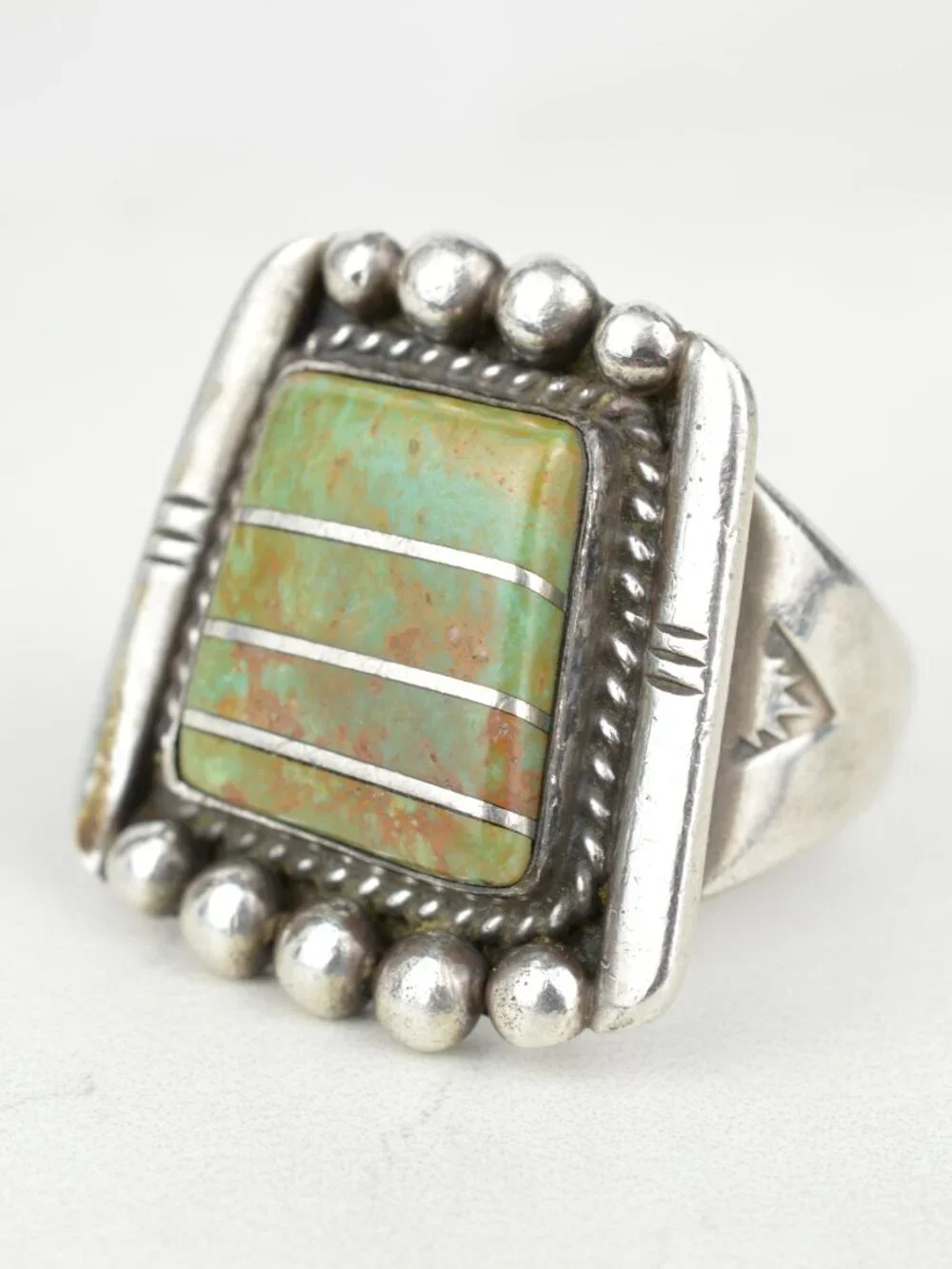 Vintage Navajo Sterling Silver Gaspeite Channel Inlay Ring Sz 14.25 Heavy 19.5g